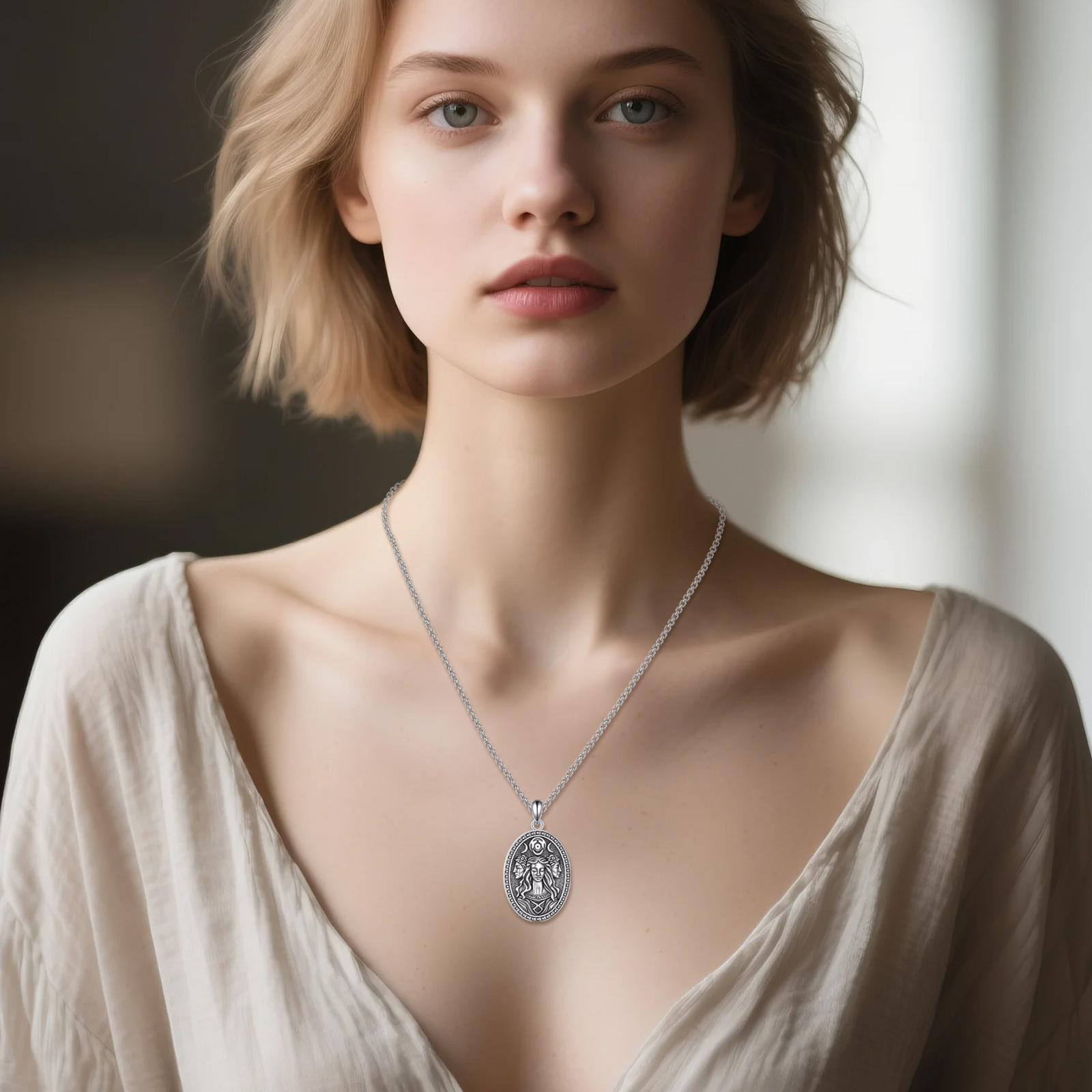 Women's 925 Sterling Silver Hecate Triple Goddess & Key Pendant Necklace